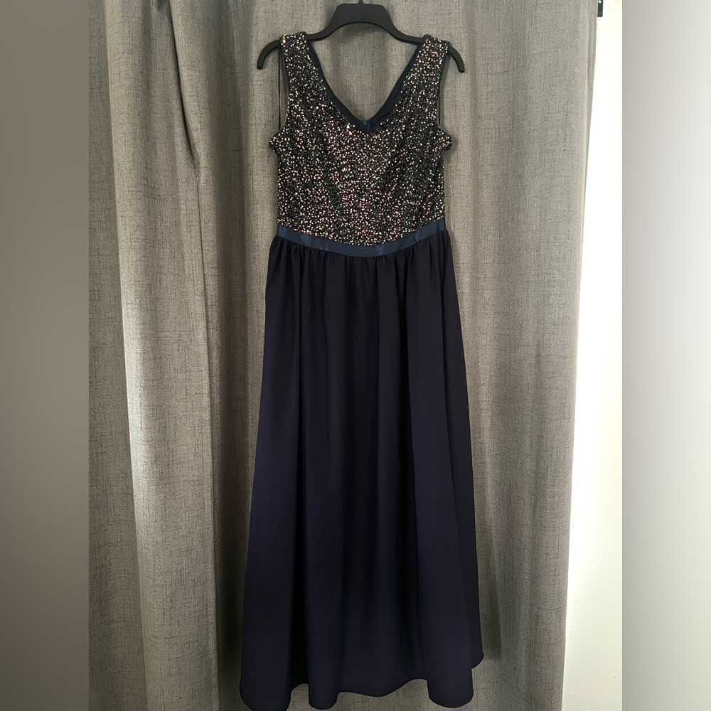 Amazon navy blue sequin vneck formal gown